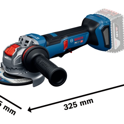 Esmerilhadora Bosch Professional com punho lateral e disco de esmerilhamento, azul e preta, dimensões indicadas