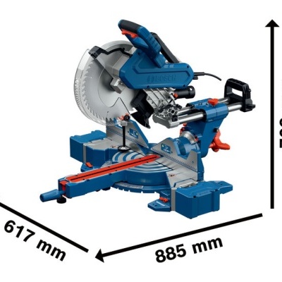 Serra de esquadria elétrica azul e preta com lâmina circular metálica e medidas em mm.
