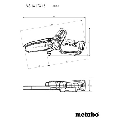 Desenho técnico de motosserra elétrica Metabo com dimensões e logótipo