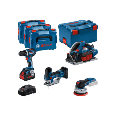 Ferramentas elétricas Bosch azuis, pretas e vermelhas com caixas de ferramentas