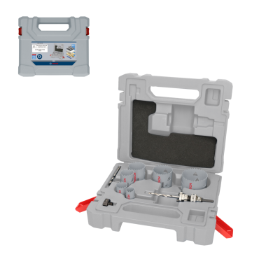Conjunto de acessórios de perfuração Bosch PRO Multi Material 10 peças em caixa cinzenta e vermelha