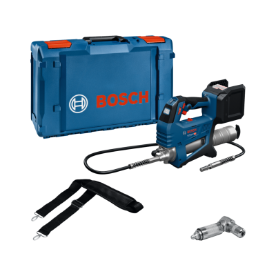 Conjunto de ferramentas Bosch com pistola de lubrificação, mala azul, alça preta e adaptador metálico