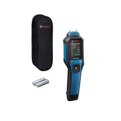 Medidor eletrônico Bosch com estojo e pilhas sobre fundo branco