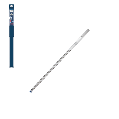 Broca metálica prateada com ponta azul e embalagem azul