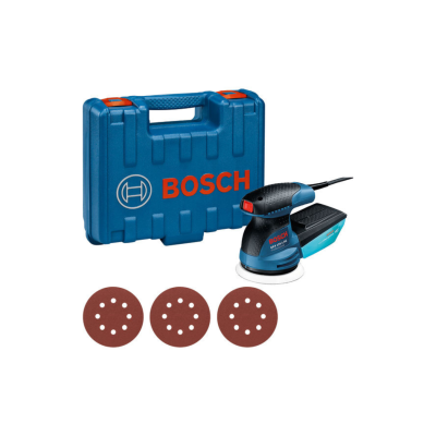 Lixadora Bosch com maleta e discos de lixa castanhos