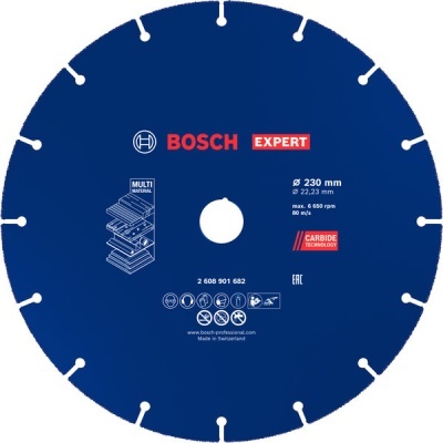Disco de serra circular azul Bosch Expert 230 mm com texto e ícones técnicos