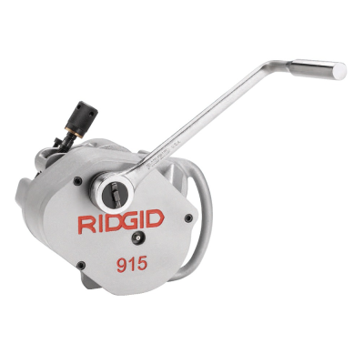 Dispositivo mecânico metálico cinzento com alavanca e texto RIDGID 915