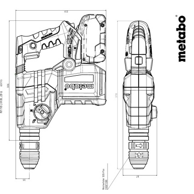 Desenho técnico em preto e branco de ferramenta elétrica Metabo com medidas visíveis.
