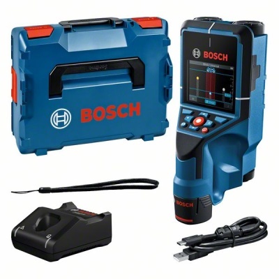 Conjunto de ferramenta Bosch azul com dispositivo eletrônico, carregador, cabo USB e caixa de transporte