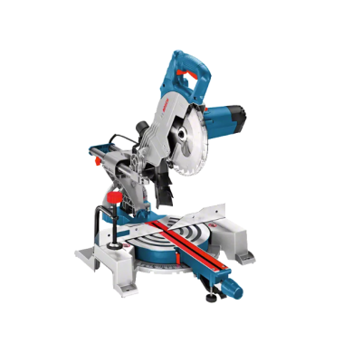 Serra de esquadria motorizada cinzenta e azul com lâmina circular e ajustes vermelhos