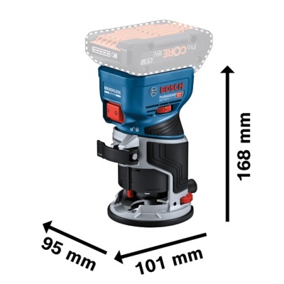 Tupia elétrica Bosch azul e preta com dimensões indicadas