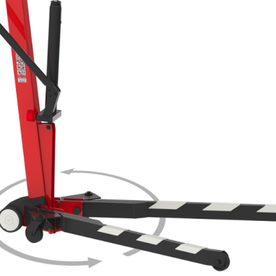 Garra de elevação hidráulica vermelha com alavanca preta e braços de suporte laterais