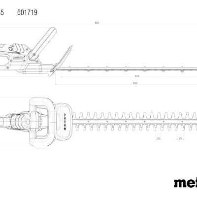 Desenho técnico de tesoura de cerca Metabo HS 18 LTX 65 com dimensões e logótipo