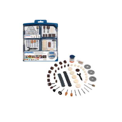 Conjunto completo de acessórios para Dremel em caixa transparente com fundo azul