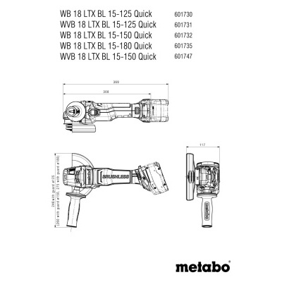 Desenho técnico e informações de ferramenta elétrica Metabo sobre fundo branco