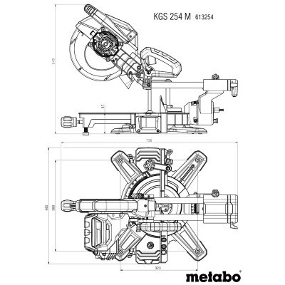 Desenho técnico de serra de cortar madeira Metabo KGS 254 M com medidas