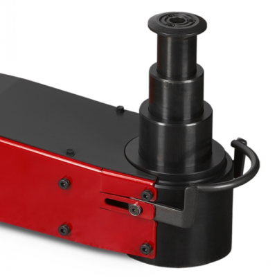 Garra hidráulica vermelha e preta com alavanca.