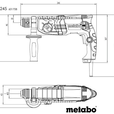 Desenho técnico de berbequim elétrico Metabo KHE 2245 com dimensões