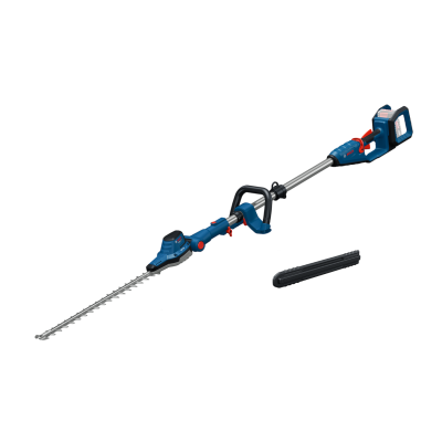 Tesoura de cerca viva elétrica telescópica Bosch azul e vermelho com lâmina longa e proteção preta