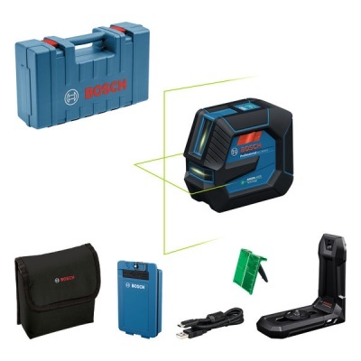 Conjunto Bosch com caixa azul, aparelho de laser preto e azul, bolsa preta, estojo azul, suporte e cabos
