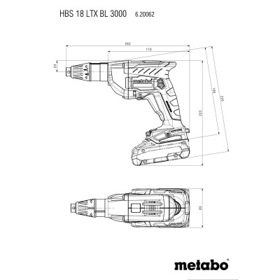 Desenho técnico de ferramenta elétrica metabo com medidas e texto