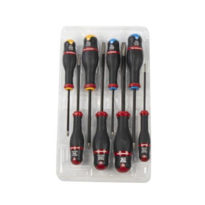 Conjunto de oito chaves de fendas com cabos pretos e detalhes coloridos