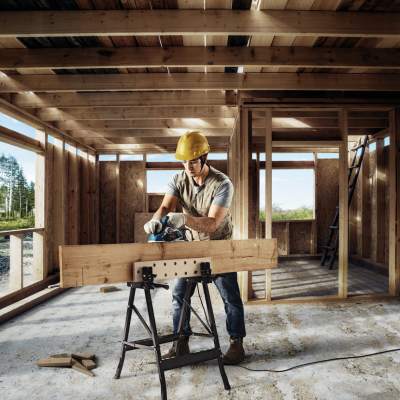 Homem com capacete a utilizar lixadora em construção de madeira