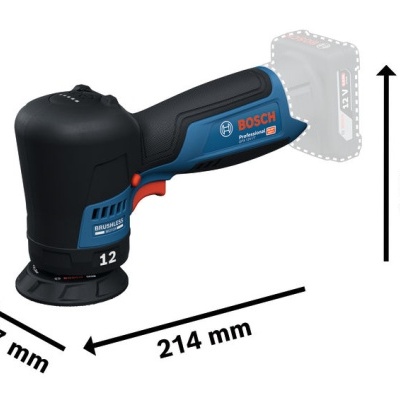 Lixadora Bosch Professional a bateria azul e preta com dimensões indicadas
