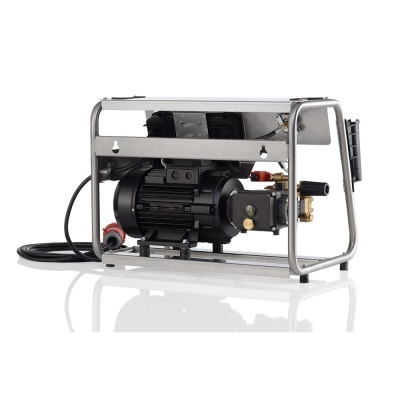 Bomba de pressão industrial metálica com estrutura tubular prateada e cabo preto
