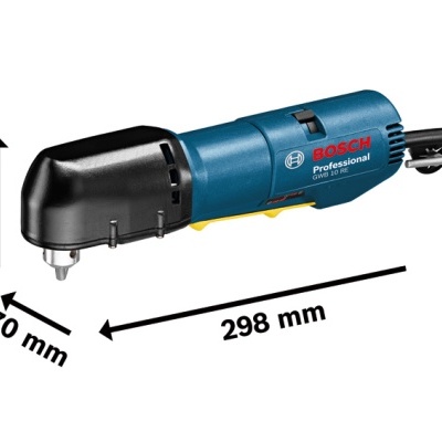 Torno elétrico angular Bosch Professional GNA 3,0 E azul e preto com dimensões indicadas
