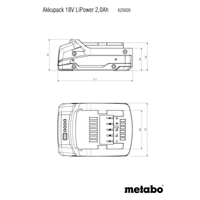 Desenho técnico de um carregador de bateria Metabo com dimensões