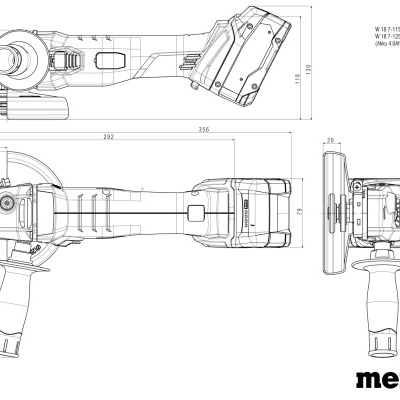 Desenho técnico de ferramenta elétrica portátil Metabo com medidas e códigos.