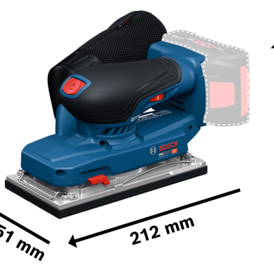 Lixadora elétrica Bosch azul e preta com base metálica prateada e medidas indicadas