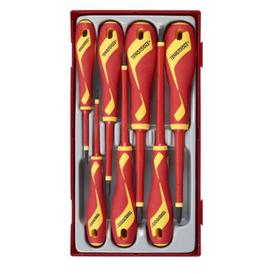 Conjunto de chaves de fendas vermelhas e amarelas numa caixa