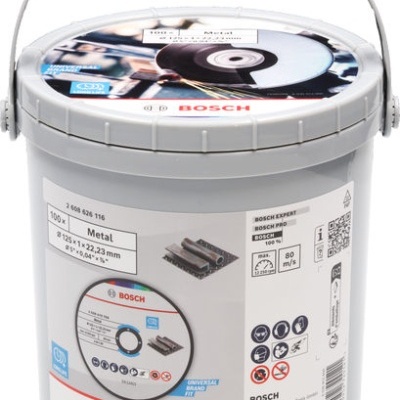 Recipiente Bosch com discos de corte para metal e etiqueta detalhada