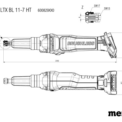 Desenho técnico de ferramenta elétrica rotativa com texto e medidas
