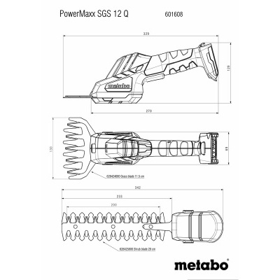 Desenho técnico de aparador de sebes Metabo PowerMaxx SGS 12 Q com dimensões