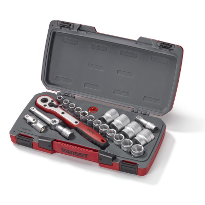 Conjunto de ferramentas com chave de catraca e soquetes em caixa preta e vermelha