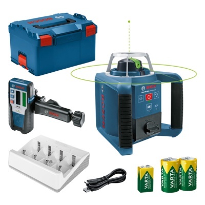 Conjunto de nível rotativo BOSCH com controlador, base carregadora, cabo e pilhas