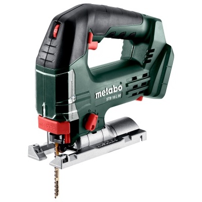 Serra tico-tico a bateria Metabo verde, negro e vermelho com base metálica