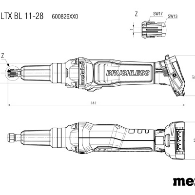 Desenho técnico a preto e branco de ferramenta elétrica com texto e dimensões