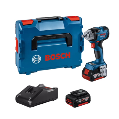 Conjunto Bosch de ferramenta elétrica com chave de impacto, bateria, carregador e estojo azul.