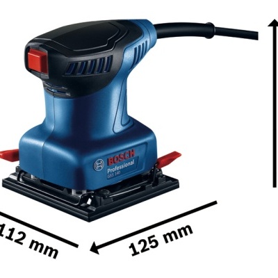 Lixadora Bosch Professional azul e preta com cabo elétrico e medidas