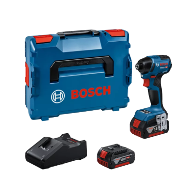 Conjunto de ferramentas Bosch com caixa azul e vermelho, parafusadeira e acessórios.
