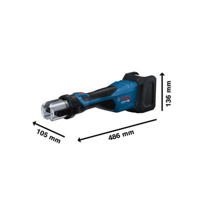 Ferramenta elétrica Bosch azul e preta com dimensões exibidas