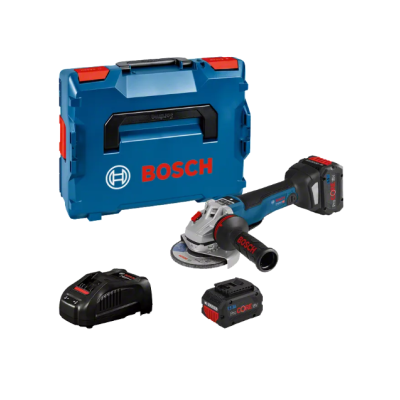 Conjunto de esmerilhadora Bosch azul e preta com baterias, carregador e caixa de transporte azul.