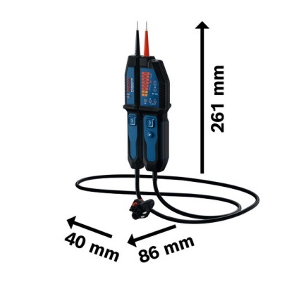 Multímetro digital portátil azul e preto com pontas de prova vermelha e preta
