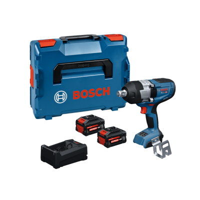 Conjunto de ferramentas Bosch com caixa azul, ferramenta elétrica, duas baterias e carregador.