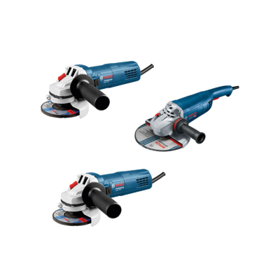 Três rebarbadoras elétricas azuis com discos abrasivos