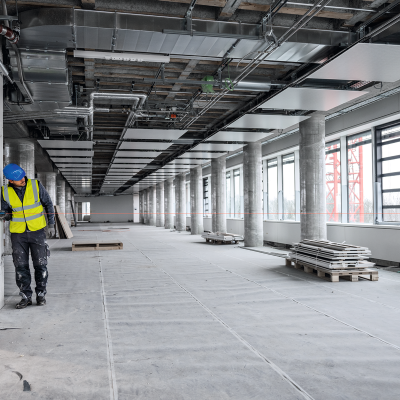 Interior de edifício em construção com colunas de betão e trabalhador com equipamento de segurança